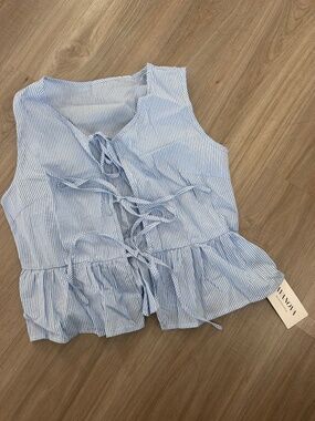 🤍 NANJONIA Blue & White Striped Peplum Top – New with Tags! 🤍